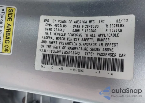 2012 Acura Tl 3.7 из США, поврежденный, VIN 19UUA9F25CA008543